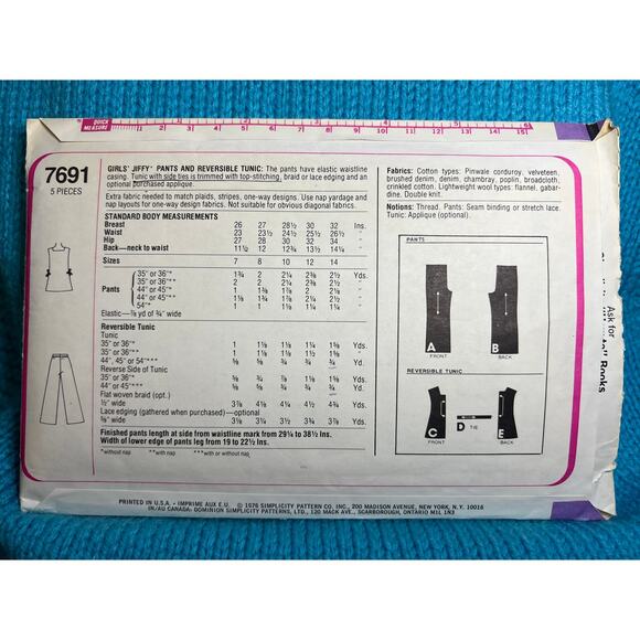 Simplicity 7691 pattern girls pants reversible tunic size 14 - Picture 3 of 5